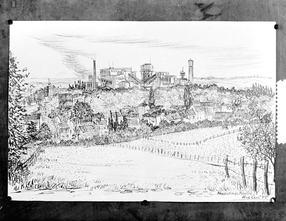 Repro van tekening Hendrikmijn te Heerlen (1955) van Ria Exel opdracht Walco, Bestanddeelnr 907-2888