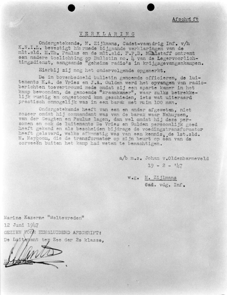 Repro document. Verklaring van M. Zijlmans, vaandrig bij het KNIL betreffende ge, Bestanddeelnr 8813