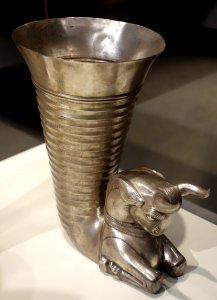 Rhyton terminating in the forepart of a bull, Iran, Achaemenid period, late 6th or 5th century BC, hammered and cast silver - Cincinnati Art Museum - DSC03281