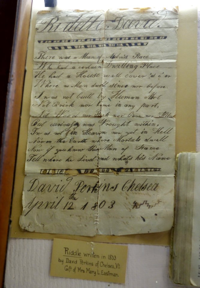 Riddle written in 1803 by David Perkins of Chelsea, VT - Fairbanks Museum and Planetarium - DSC04291