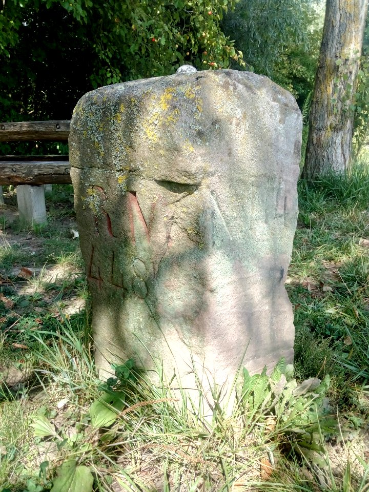 Rheingrenzvermessung, Rheinmarke auf Transversallinie Kirchtürme Au am Rhein - Mothern