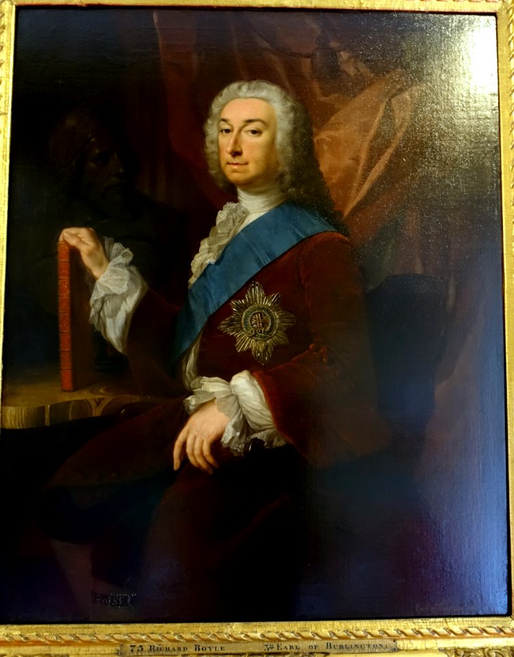 Richard Boyle, 3rd Earl of Burlington, with Bust of Inigo Jones, by George Knapton, 1743, oil on canvas - West Sketch Gallery, Chatsworth House - Derbyshire, England - DSC03293