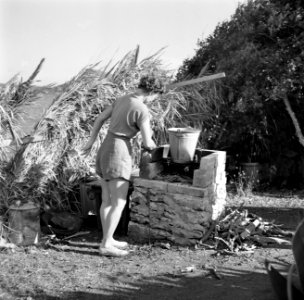 Rietje bij een geïnproviseerde kookplaats aan de wal van de Fuikbaai, Bestanddeelnr 252-3011