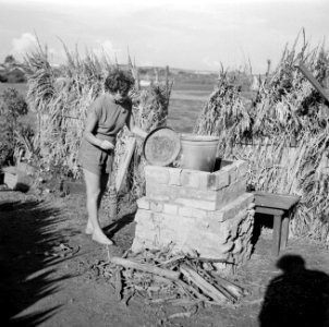 Rietje bij een geïnproviseerde kookplaats aan de wal van de Fuikbaai, Bestanddeelnr 252-3013
