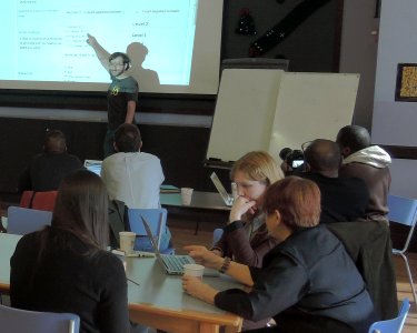 Richard makes a point at WMNYC Editathon Harlem NYPL jeh