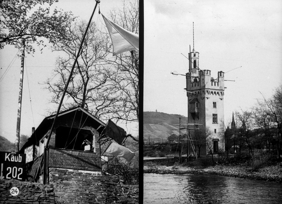Rijnvaart, reportage vanaf sleepboot Damco 9 West-Duitsland. Seinpost met witte, Bestanddeelnr 254-6420