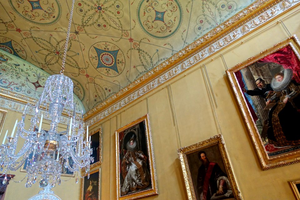 Saloon ceiling, with chandelier by John Adam, 1780-1790, glass - Kingston Lacy - Dorset, England - DSC03512