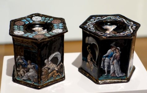 Salt Cellars with Episodes from the Life of Hercules and with Allegorical Scenes, view 1, artist unknown, France, c. 1550, enamel on copper - Fogg Art Museum, Harvard University - DSC01033