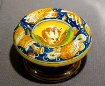 Salt container, Italy, Castel Durante, 1579, maiolica - Museum of Anthropology, University of British Columbia - DSC08973