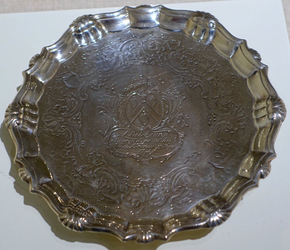 Salver commemorating William Pepperrell's leadership in the Siege of Louisbourg (1745), by James Morrison, 1 of 2, England, 1745-1746, silver - Portland Museum of Art - Portland, Maine - DSC04401