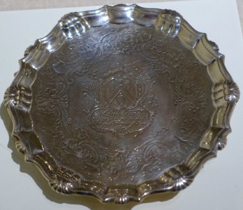 Salver commemorating William Pepperrell's leadership in the Siege of Louisbourg (1745), by James Morrison, 1 of 2, England, 1745-1746, silver - Portland Museum of Art - Portland, Maine - DSC04401