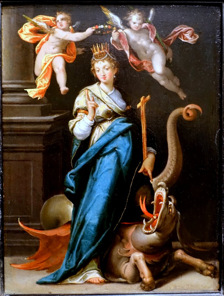 Saints Catherine, Ursula, and Margaret set (Saint Margaret), by Bartholomaeus Spranger, Prague, c. 1583, oil on panel - Blanton Museum of Art - Austin, Texas - DSC07750