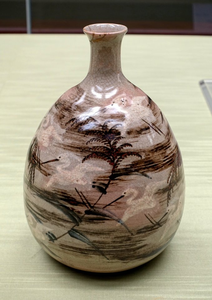 Sake bottle with heron and reed design, Kyoto ware, Mizorogaike type, Japan, Edo period, 1600s-1700s AD, ceramic with underglaze blue and iron brown - Tokyo National Museum - Tokyo, Japan - DSC09379