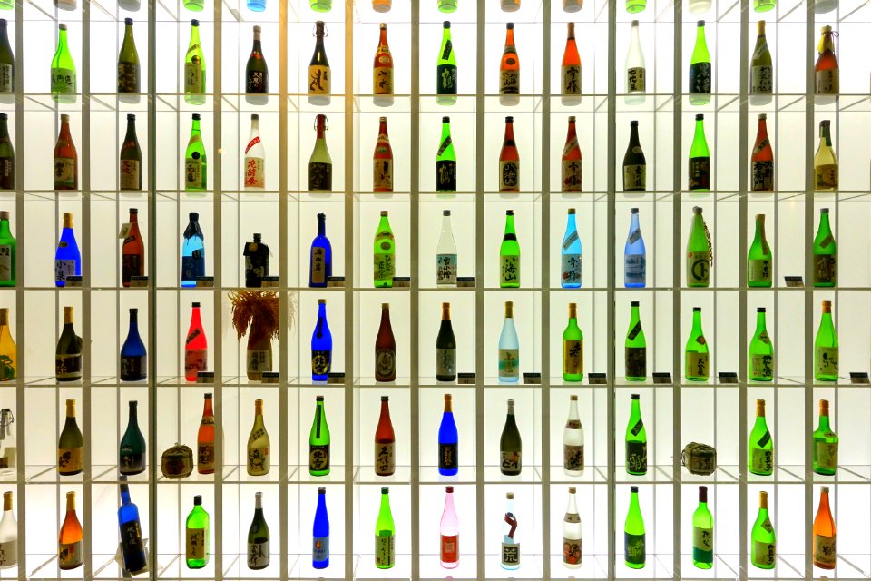 Sake bottle display - Food and Agriculture Museum - Setagaya, Tokyo, Japan - DSC09733
