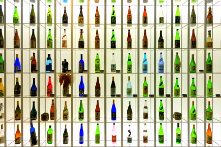 Sake bottle display - Food and Agriculture Museum - Setagaya, Tokyo, Japan - DSC09733