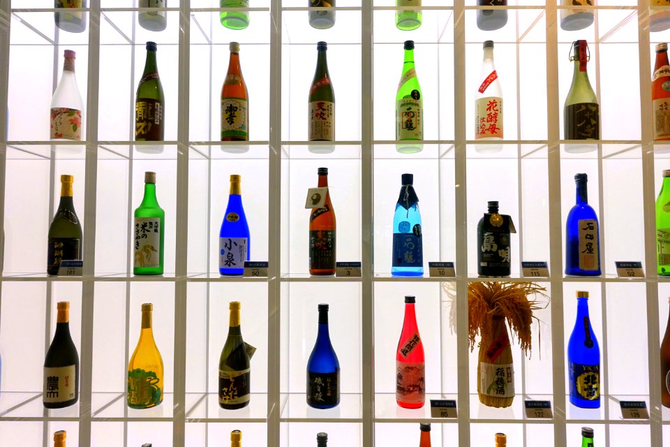 Sake bottle display - Food and Agriculture Museum - Setagaya, Tokyo, Japan - DSC09737