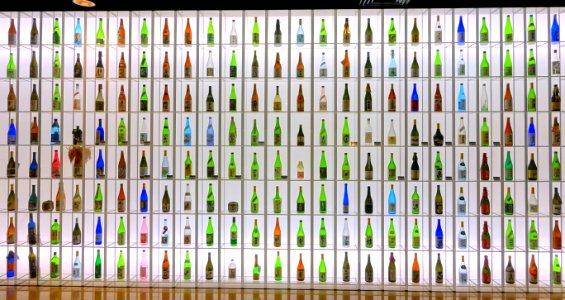 Sake bottle display - Food and Agriculture Museum - Setagaya, Tokyo, Japan - DSC09729