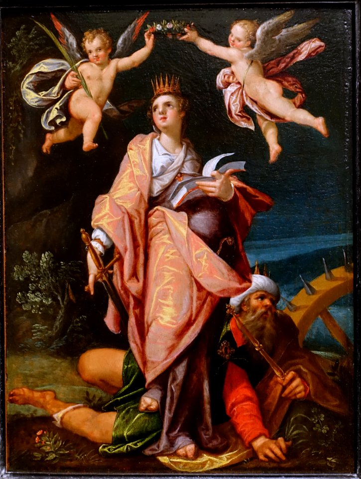 Saints Catherine, Ursula, and Margaret set (Saint Catherine), by Bartholomaeus Spranger, Prague, c. 1583, oil on panel - Blanton Museum of Art - Austin, Texas - DSC07747