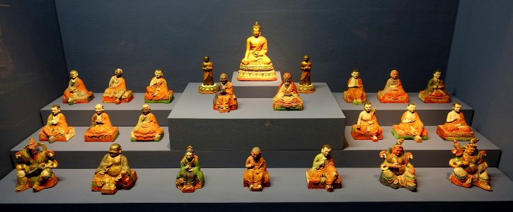Sakyamuni Buddha and sixteen arhats, Mongolia, before 1911 AD, painted papier mache - Linden-Museum - Stuttgart, Germany - DSC03636 photo