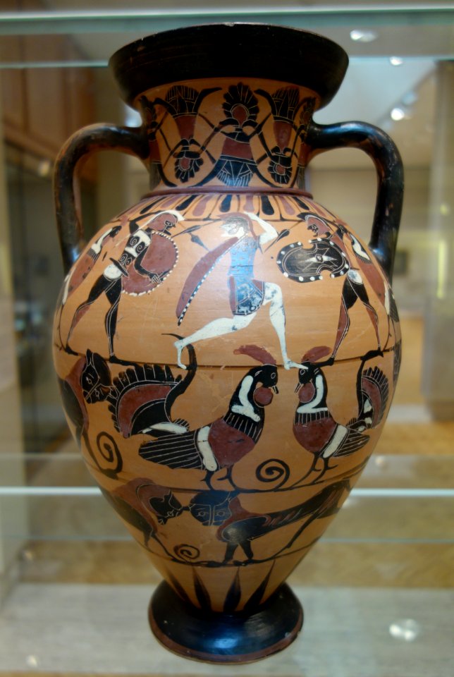 Tyrrhenian Neck Amphora, Goltyr Painer, Greek, c. 565-550 BC, Side A (Amazonomachy, roosters, panthers, ram), Side B (Komast, swans, sphinxes, panthers, rams), ceramic, black figure - Chazen Museum of Art - DSC02668