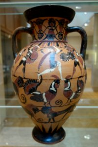 Tyrrhenian Neck Amphora, Goltyr Painer, Greek, c. 565-550 BC, Side A (Amazonomachy, roosters, panthers, ram), Side B (Komast, swans, sphinxes, panthers, rams), ceramic, black figure - Chazen Museum of Art - DSC02668