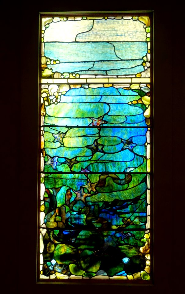 Two windows from the suite Four Seasons Under the Sea, 1 of 2, Starfish (Spring), Louis Comfort Tiffany designer, Tiffany Glass and Decorating Co., c. 1885-1895, glass, lead - Dallas Museum of Art - DSC05177