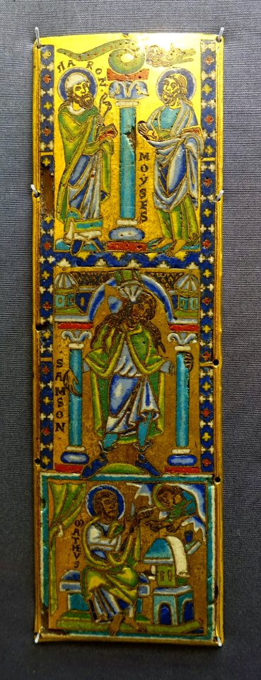 Two plaques from a Processional Cross, depicting Old Testament scenes and St. John and St. Matthew, 1 of 2, Meuse region, c. 1150-1170, copper, enamel - Museum Schnütgen - Cologne, Germany - DSC09976