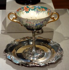 Two-handled cup and plate with iris design, Shreve & Company, San Francisco, c. 1910, silver and porcelain - De Young Museum - DSC00724