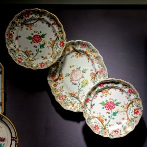 Two plates and a platter, Slovakia, Holic, 1755-1765, ceramic - Museum of Anthropology, University of British Columbia - DSC08825