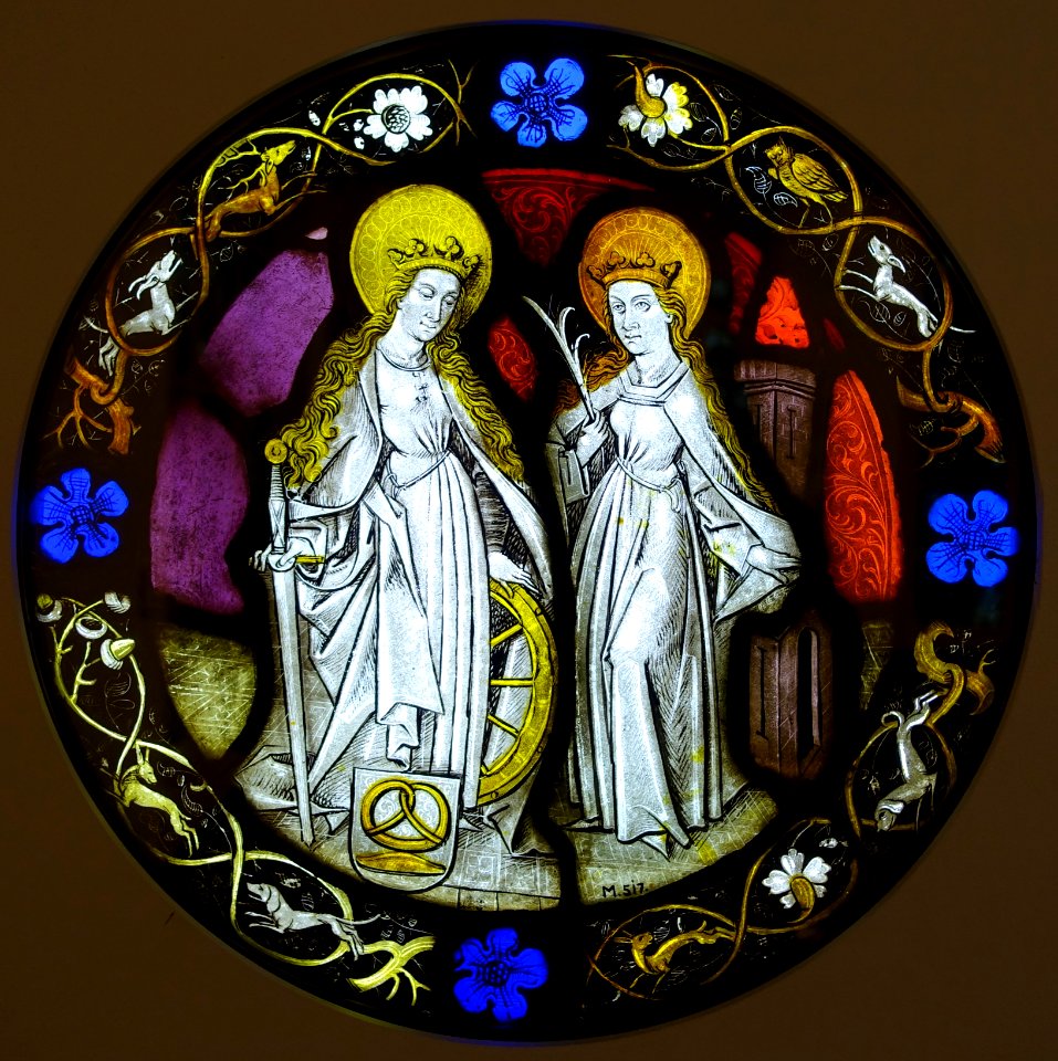 Two Roundels with St. Sebastian (probably) and St. Antony, and with St. Catherine and St. Barbara, 2 of 2, Cologne, late 1400s, stained glass - Museum Schnütgen - Cologne, Germany - DSC09836