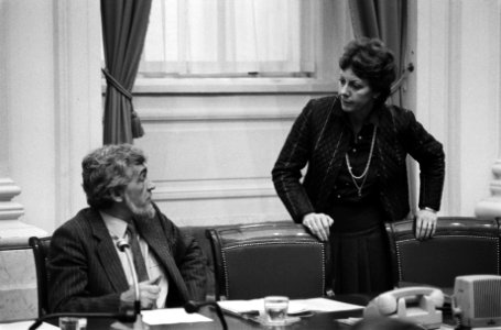 Tweede Kamer . 6.7 Van der Doef (l.) zittend in gesprek met Smit Kroes (staand),, Bestanddeelnr 932-0143
