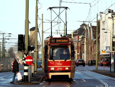 Tram line 1 of the HTM towards Delft Tanthof, car 3134 at Delft, The Netherlands photo