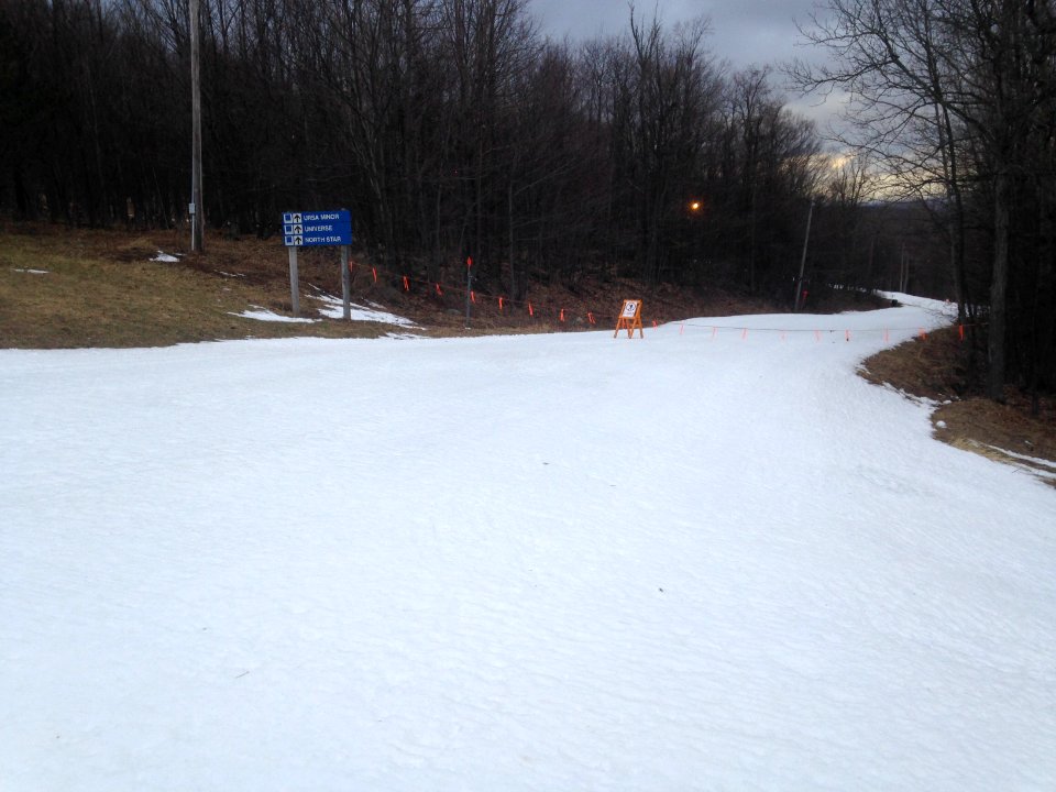 Trails closed sparse snow at alpine ski mountain Feb 2017 NY