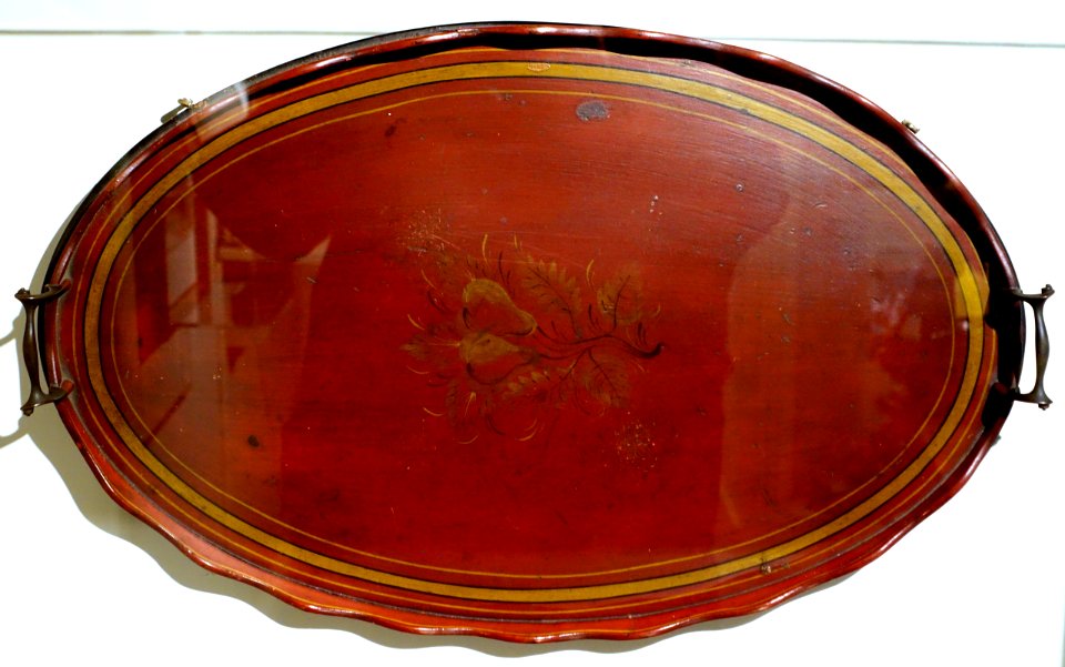 Tray marked by Stephen Badlam 1751-1815 and Abiel White, Dorchester Lower Mills MA, c. 1795, painted c. 1830, mahogany, brass - Concord Museum - Concord, MA - DSC05794
