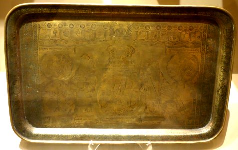 Tray incised across top with 12 tribes, figure of Moses and Ten Commandments, Syria, Damascus, early 20th century, brass with copper and silver inlay - Huntington Museum of Art - DSC05063