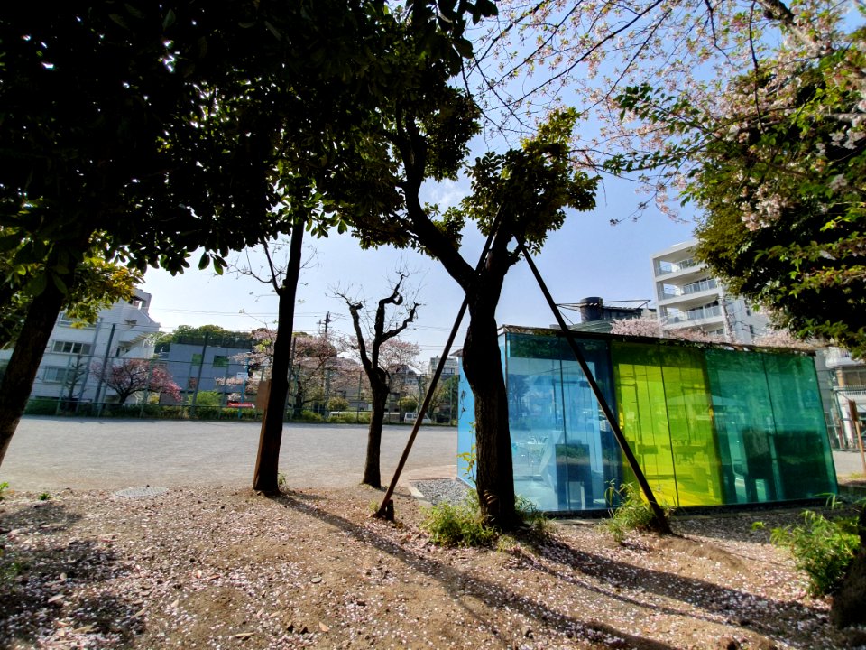 Transparent toilets at Harunogawa community park, locking the door makes the walls opaque