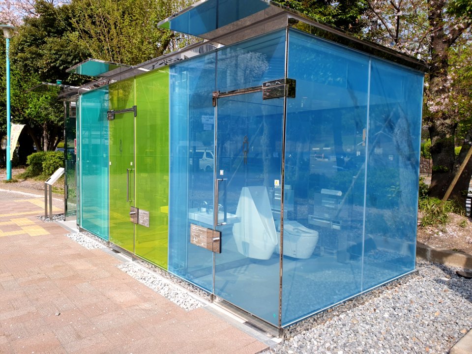 Transparent toilets at Harunogawa community park, locking the door makes the walls opaque 3