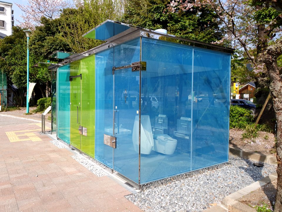 Transparent toilets at Harunogawa community park, locking the door makes the walls opaque 2