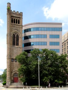 Tower of Bellefield Presbyterian Church, Oakland, Pittsburgh, 2021-06-01