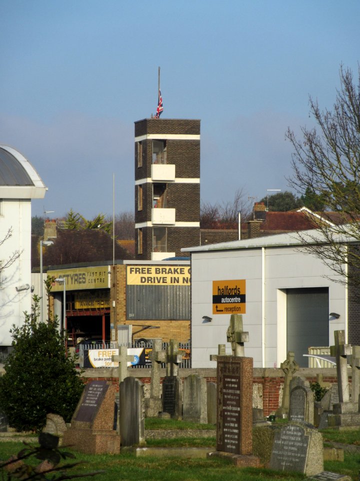 Tower of Hove Fire Station, English Close, Hove (seen from Hove Cemetery) (December 2016)