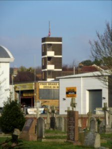 Tower of Hove Fire Station, English Close, Hove (seen from Hove Cemetery) (December 2016)