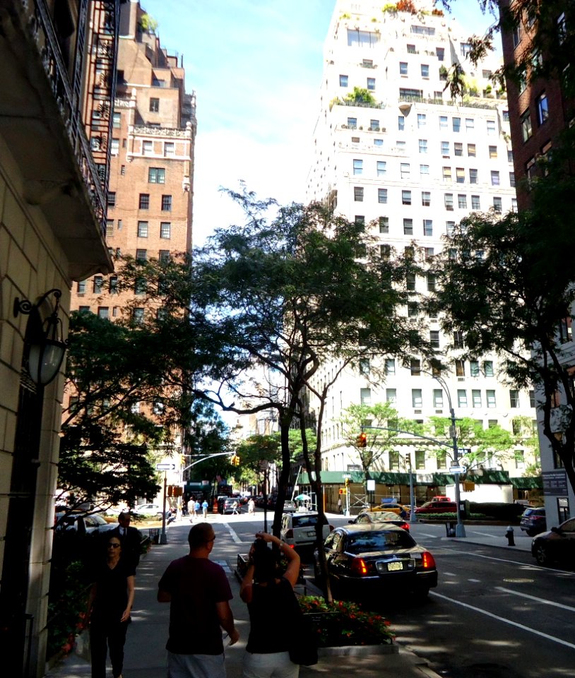 Tourists in Manhattan taking pictures on the east side looking west