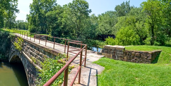 Town Creek Aqueduct with abandoned Western MD RR bridge in background on C and O Canal