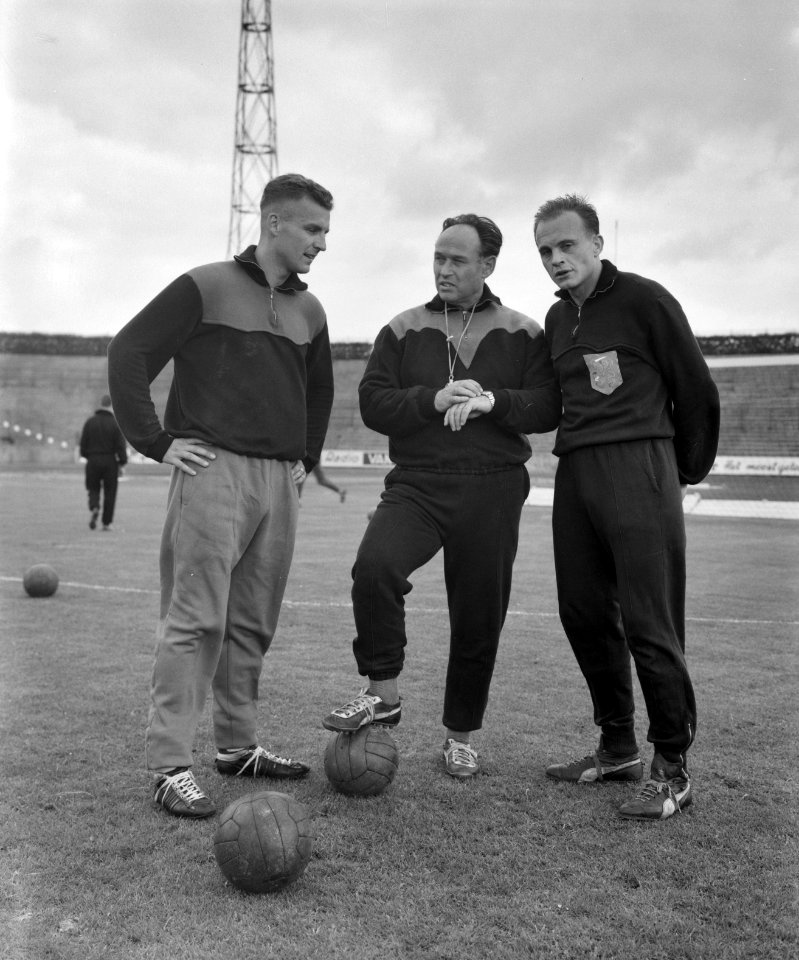 Training Nederlands elftal in Den Bosch . Elek Schwarz met Ouderland (r.) en Han, Bestanddeelnr 912-4675