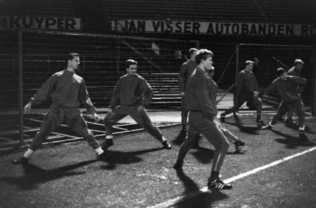 Training van de Denen, v.l.n.r. Niels Moller, Leif Hortvig, Munk Jensen, H. Boel, Bestanddeelnr 919-8292