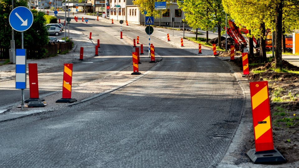 Traffic signs during re-paving of a road in Brastad