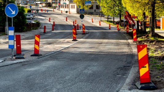 Traffic signs during re-paving of a road in Brastad