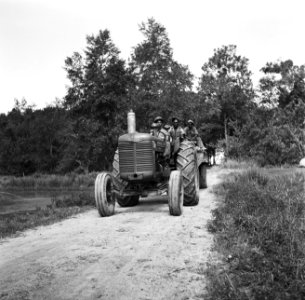 Tractor op een landweg in Suriname, Bestanddeelnr 252-5415