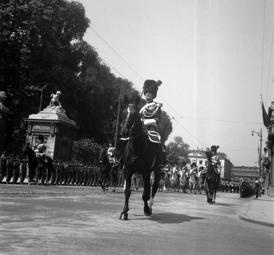 Troonopvolging door Koning Boudewijn Belgie. Parade met cavaleristen, Bestanddeelnr 904-6894