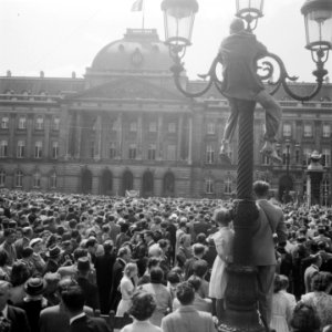 Troonopvolging door Koning Boudewijn Belgie. Menigte voor paleis, Bestanddeelnr 904-6890